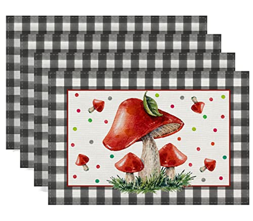 Linen Watercolor Mushroom Decor Mushroom Placemats Set Of 4 Spring Table Mats Black White Plaid Mushroom Decorations And Supplies For Home Kitchen Table-12×18’’ #TOP17