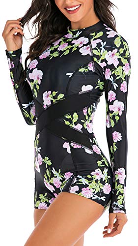 Swimall Women Boy Short Long Sleeve Swimsuits One Piece Rash Guard Bathing Suit Swimwear Upf 50+(Black, Large(8-10)) #TOP3