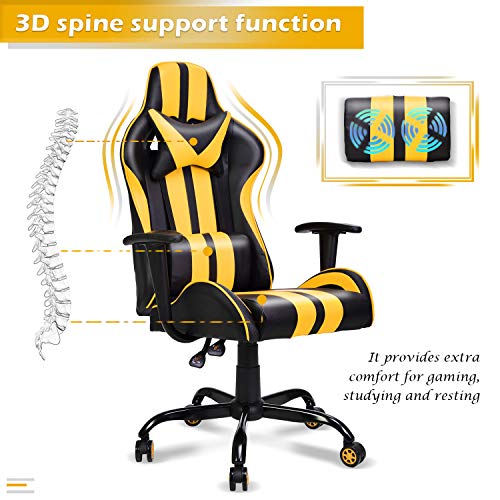 FERGHANA Video Gaming Chair,Racing Style Computer Chair,High Back Office Chair with Seat Height Adjustment,160°Recliner,Massage Lumbar Pillow and Headrest(Racing Yellow) - Thumbnail 2
