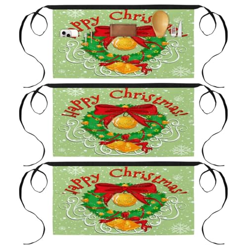 Lot de 3 tabliers courts de chef avec 3 poches motif Noël fond vert pour cuisine et service