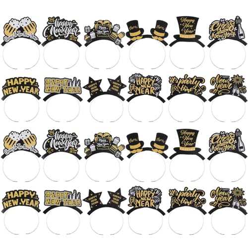 Daifunli 24 Pcs Happy New Year Headband 2025 New Years Eve Party Supplies Favors Tiara Bulk Gold Silver Black Photo Booth Props Decorations for 2025 Party