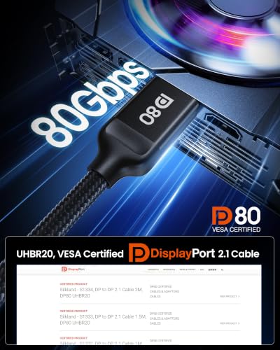 Image of Silkland 80Gbps DisplayPort Cable 2.1 [VESA Certified] 6.6FT /2M, DP80 HDR | 16K@60Hz, 8K@240Hz, 4K@540Hz 480Hz 360Hz 240Hz, DP to DP Cable, DP80, DP 1.4, UHBR20, DSC, HDCP 2.3, Gaming Monitor, 5090