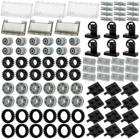 Wheels and Axles Sets Building Blocks Tires, 102 Car Parts and Pieces, Windshield Steering Wheel Chassis Bricks Educational Toys
