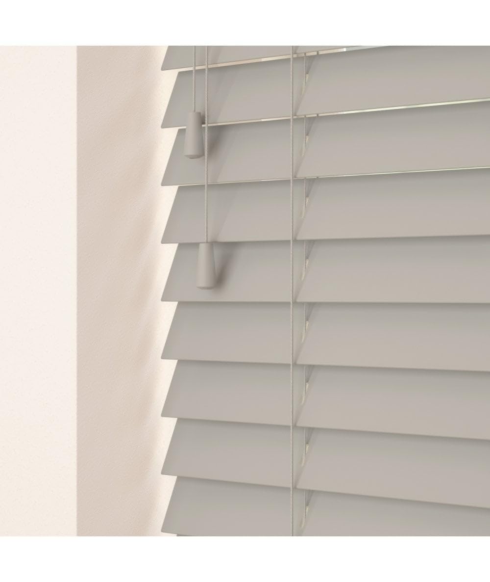 50mm Slat Pale Grey Real Wood Venetian Blind With Strings 120cm Drop