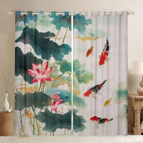 Loussiesd Lucky Koi - Cortinas opacas para dormitorio, sala de estar, cortinas opacas japonesas Ukiyoe para oscurecer ventanas de estilo japonés, 2 paneles de 66 pulgadas de ancho x 72 pulgadas de