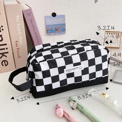 Image of KEYDUACU High Capacity Pencil Case for Teen - Black & White Checkered, Large Pen Bag Organizer with Easy Grip Handle & Loop, Includes Funny & Cute Journaling Supplies(Checkered)