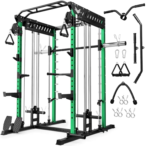 JELENS M21 Smith Machine, Multi-Function Power Cage with Dual Pulley Cable Crossover System, 2000LBS All-in-One Squat Rack with Smith Bar and Attachments (Black, Smith Machine)