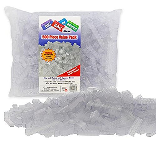 SCS Direct Building Bricks - 500 Pc Big Bag of Bricks Bulk Clear Blocks with 27 Roof Pieces - Tight Fit with All Major Brands