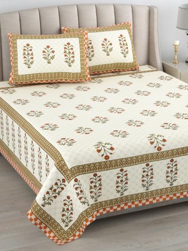 Image of 300 TC 100% Pure Cotton Bedsheet for Double Bed King Size (90x108) inch, Jaipuri Print Double Bedsheet with 2 Pillow Covers, Premium Printed Flat Bed Sheet