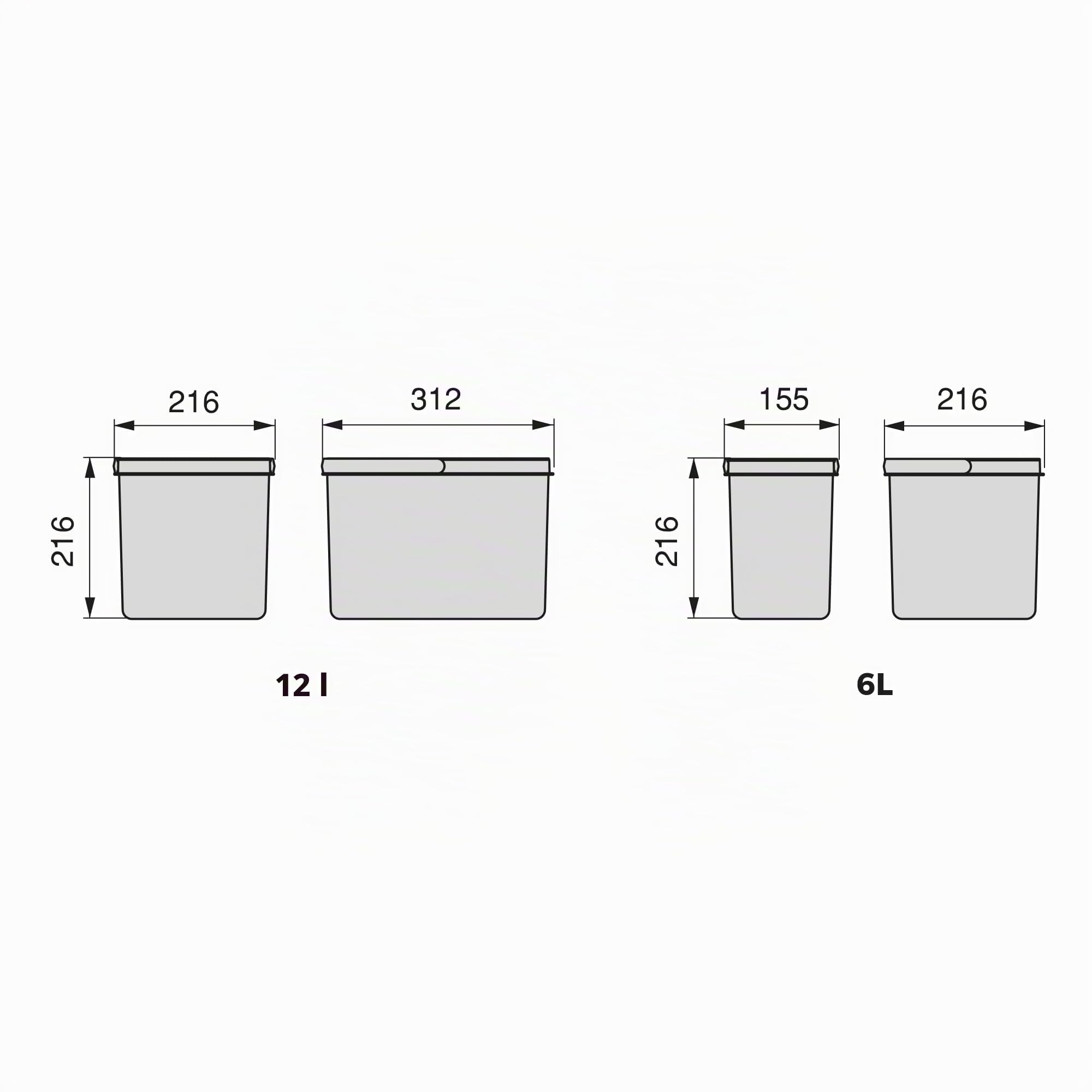 Emuca - Küchenschubladenbehälter mit geruchsdichtem Deckel, H 216 mm (2 x 12 L + 2 x6 L), Kunststoff anthrazitgrau