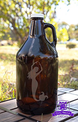 Dancing Mermaid Etched Amber Glass 64 Ounce Beer Growler Glassware Gift