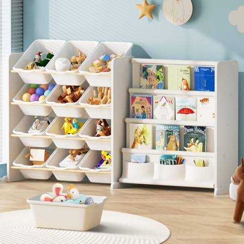 Image of EXPERLAM Kids Toy Storage Organizer - Toy Organizer with Kids Bookshelf, Toy Storage with 12 White Toy Bins and 4 Book Shelves, Toy Organizers and Storage for Playroom, Nursery, Kids Room, White