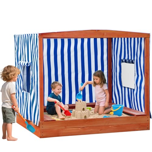 Kids' Outdoor Wooden Sandbox Large?Sandbox with Cover for Backyard with Rainproof and 3 Bench Seats,Outdoor Playhouse Cedar Wood,Sand Protection,Bottom Liner(58 Inch)