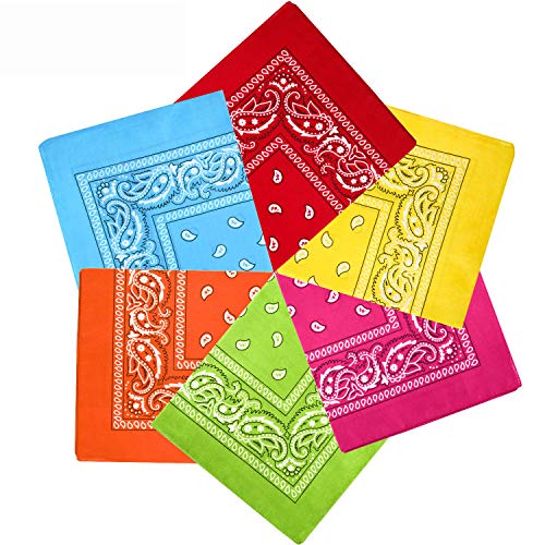 6 Pieces Paisley Bandanas Assorted Cowboy Bandanas Unisex Novelty Print Head Wrap Scarf Wristband for Adults and Kids (Yellow, Red, Rose Red, Orange, Light Blue, Green)