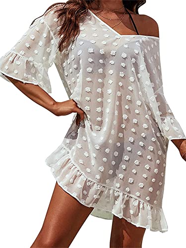Robe de plage en dentelle crochetée transparente pour femme - Poncho à manches longues - Motif floral bohème, Col en V Blanc transparent, XL Cover