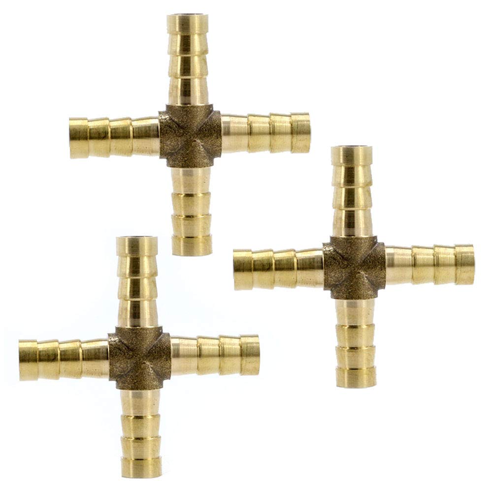 lasenersm 3 Pieces Brass Barb Splicer Brass Barb Connection Hose Barb Splicer Hose Barb Connector 8mm I.D. Hose Fitting Cross-shaped Hose Connector 4 Way Hose Connector for Air Gas Water Fuel, Golden