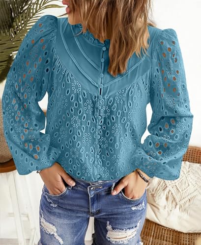 BETTE BOUTIK Women's Long Short Sleeve Tops 2025 Dressy Casual Button Hollow Out Lace Embroidered Blouses Shirts