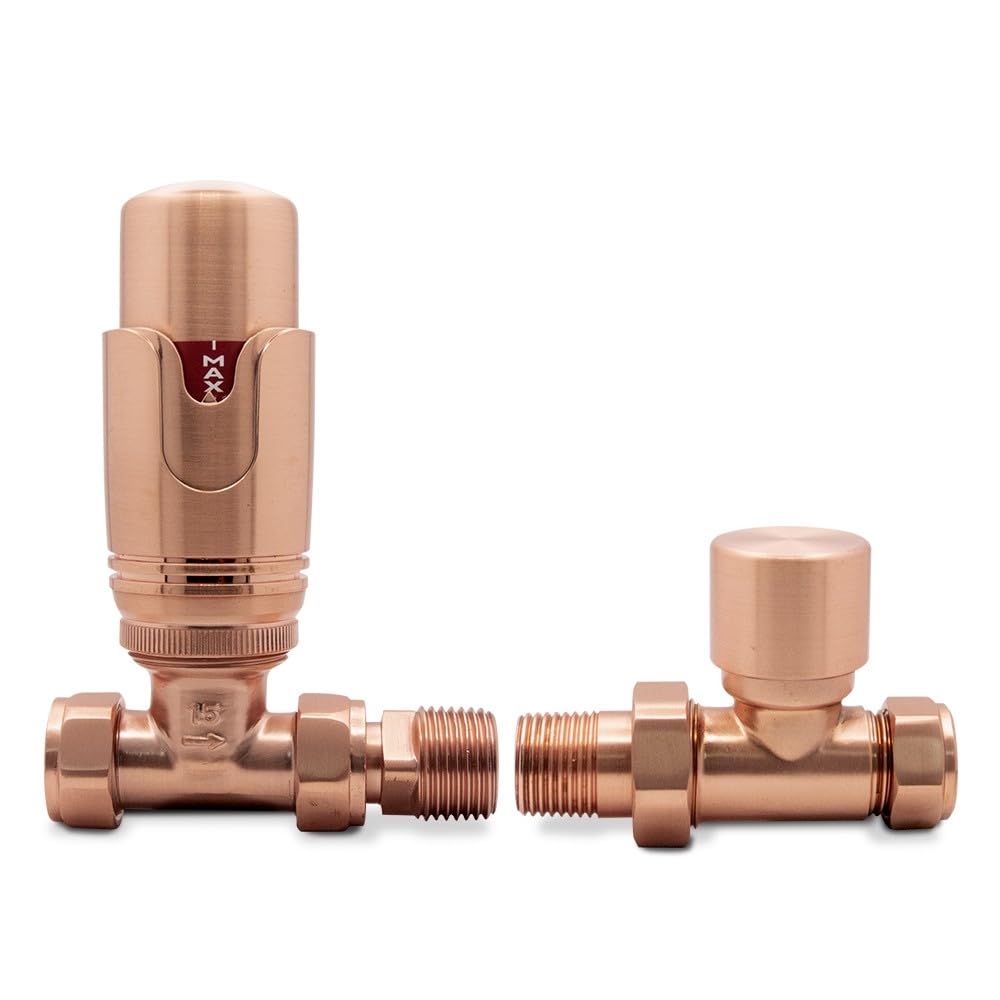 Brushed Copper Straight TRV Thermostatic Radiator Towel Rail Valves