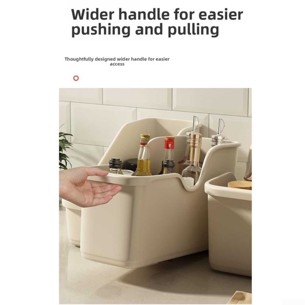 Przesuwane pudełko organizera do szafki kuchennej z kółkami, plastikowy pojemnik do przechowywania garnków i pokrywek, fazowany design, dwustronne rowki, beżowy (rozmiar standardowy)