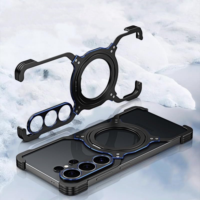 Coque Samsung S26 Ultra 5G avec cadre métal magnétique noir bleu et anneau de support pratique