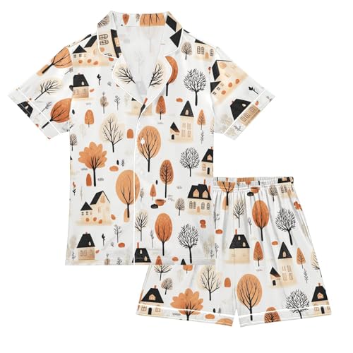 Autumn Tress House Pajamas Set Soft Pjs Sets 2 Piece Short Sleeve Sleepwear Casual Loungewear