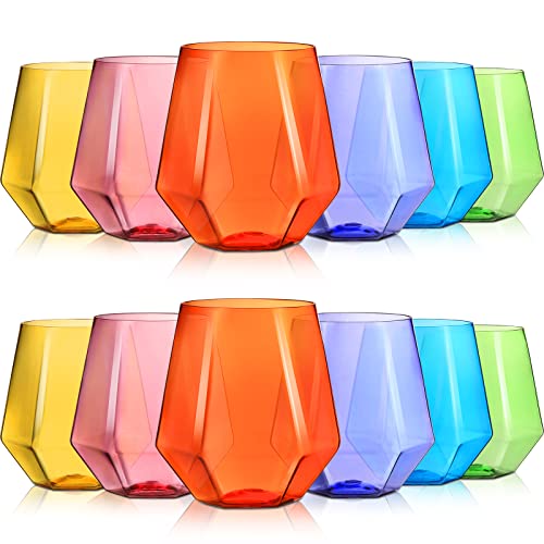 Gerrii 12 Pcs Diamond Stemless Glasses Unbreakable Plastic Wine Glasses 12 Oz Reusable Whiskey Glass Stemless Drinking Glasses For Wine Cocktail And Home Dining Wedding Party Kitchen, 6 Colors #TOP18