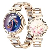 JUSUTEK 2025 革新 レディース ファッションスマートウォッチ通話機能付き,1.09インチ丸型可爱腕時計,女性機能 歩数計 消費カロリー 電卓 リモコン撮影 音楽制御 アラーム IP68防水 ストップウォッチ カレンダー アラーム 着信電話 Line通知,iphone&アンドロイド対応 お贈り物 日本語対応 (金三株鋼)