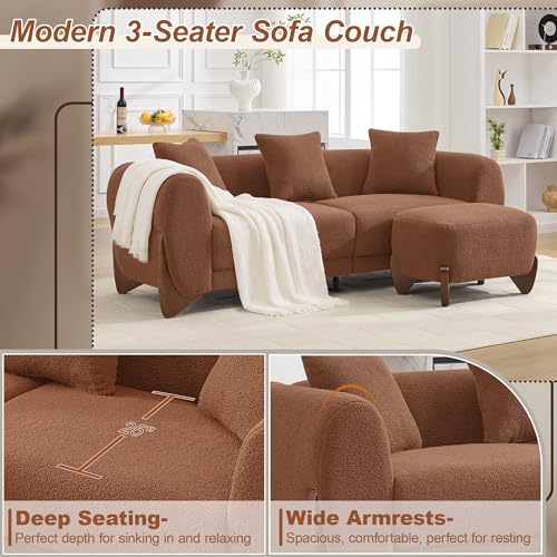 Image of 87 inch Sherpa Boucle Cloud Couch with Ottoman, Modern 3 Seater Sofa with Solid Wood Legs 25 inch Extra Deep Seat Comfy Thick Cushion Upholstered Sofa Couches with 3 Pillows for Living Room, Caramel