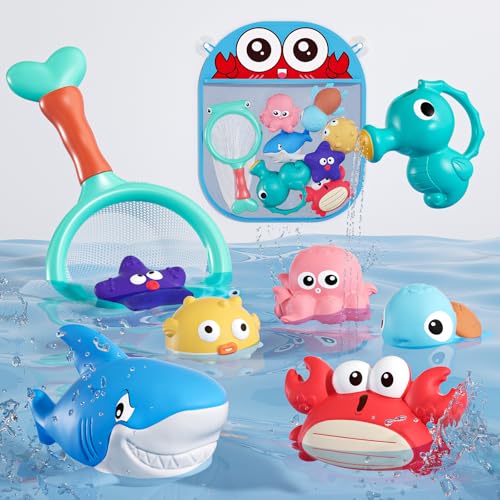 Image of Mold Free Baby Bath Toys for Toddlers 1-3, No Hole Ocean Animal Bathtub Set with Mesh Organizer, Sensory Water Play for Infants 6-12 Months