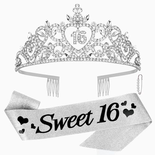 CURASA 16th Birthday Sash and Crown Silver Sweet 16 Sash 16th Birthday Tiara for Women Girls Sweet 16 Decorations Party Supplies