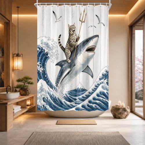 Image of Boziqr Funny Cat Shower Curtain, Cool Cat Shark Ocean Wave Bathroom Decor