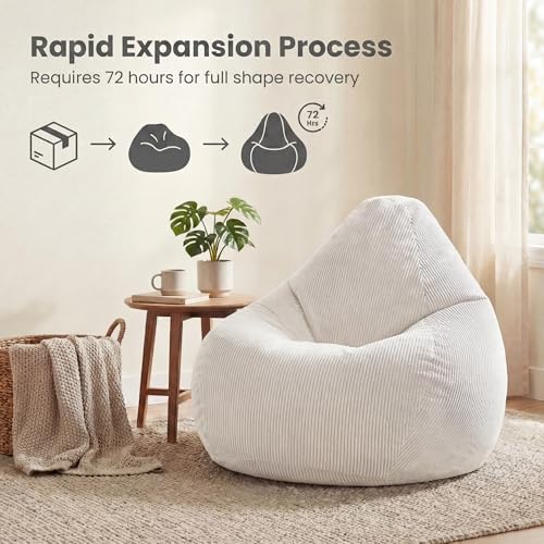 COSTWAY Bean Bag Chair for Adults & Kids, Corduroy Beanbag Chair for Teens, Comfy Sponge Filling Soft Lazy Sofa Chair for Living Room, Bedroom (Beige, 32\"x35\"x28\")