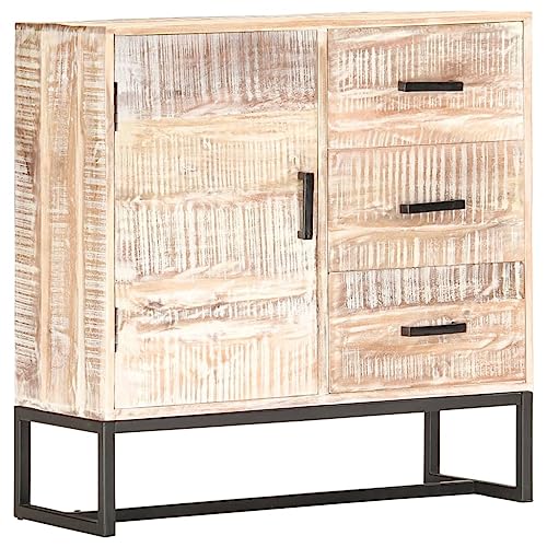 Runheo Buffet blanc 73 x 30 x 75 cm, bois d'acacia massif, avec 3 tiroirs et porte, armoire de rangement robuste pour salon, salle à manger, couloir