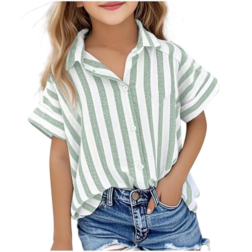 Lmdudan Summer Girls Cotton Linen Shirts Kids Striped Tops Lapel V Neck Button Down Shirt Loose Fit Casual