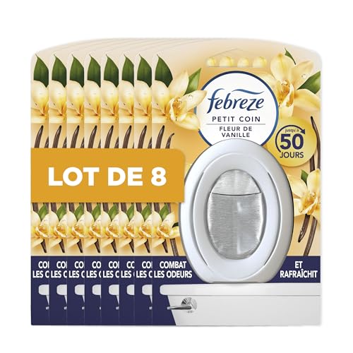 Febreze Petit Coin, Désodorisant WC En Continu (7.5ml x8), Parfum Vanille, Combat Les Odeurs, Fraîcheur Jusqu'à 50 Jours