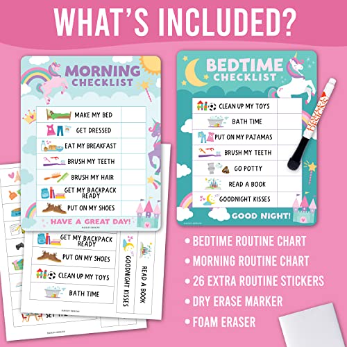 Image of Magnetic Morning & Bedtime Routine Chart for Kids - Customizable Toddler Daily Schedule Board with Dry Erase Surface, Stickers & Marker, Build Habits with Visual Checklists, Unicorn Theme
