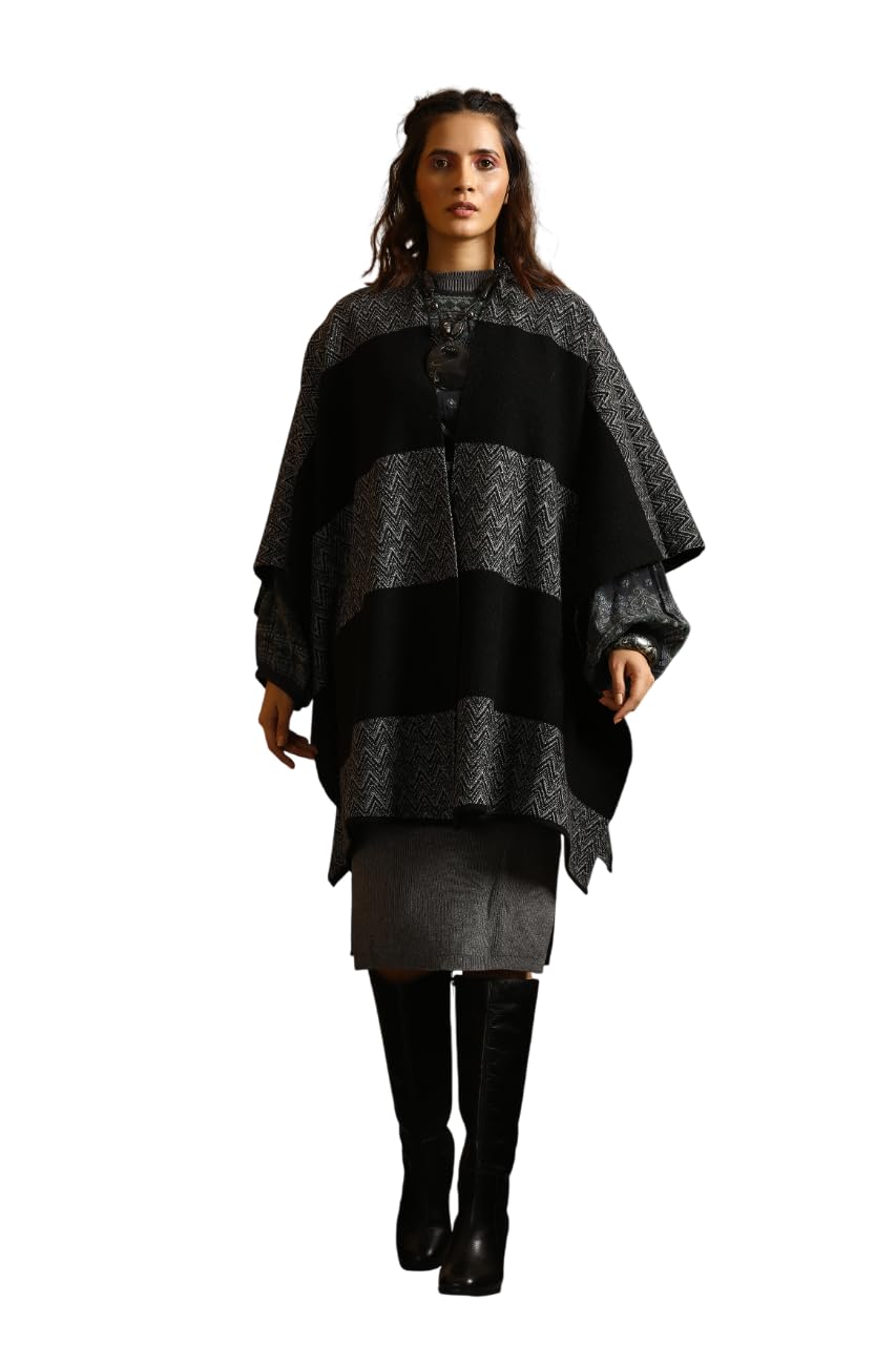 Stylish Womens Cape | Draped Shawl Style Open Front Layer | Structured Textured Fabric with Contrast Border Detailing | Refined Indo-Western Fashion Wrap-image-6