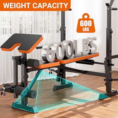600lbs Weight Bench Adjustable Bench Press Set with Squat Rack, Olympic Workout Benches with Leg Developer Preacher Curl - Image 6