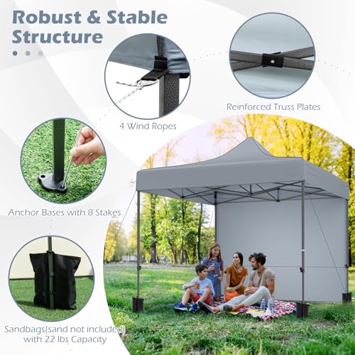 Image of Tangkula 10x10 FT Pop Up Canopy, Outdoor Tent with 4 Removable Sidewalls, Carbon Steel Frame, 4 Sandbags, 8 Stake & 4 Ropes, Wheeled Bag, Portable Canopy Tent for Party Event Camping (Gray)