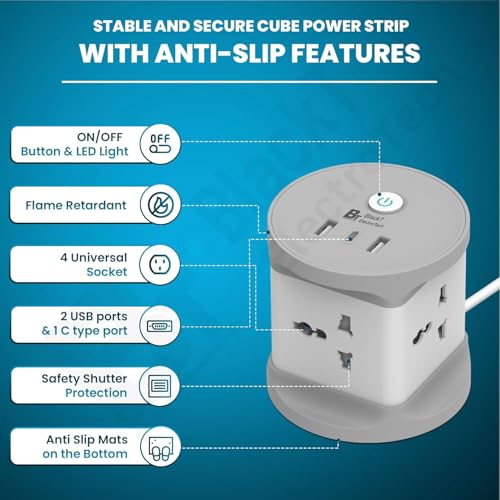 Image of Blackt Electrotech (BTCB1) 7-in-1 Extension Box - Extension Board with USB & Power Extension Board for Home, Office & Travel - 4 AC Multi Plug Socket, 2 USB, 1 C Type, 5ft Flat Plug Cord