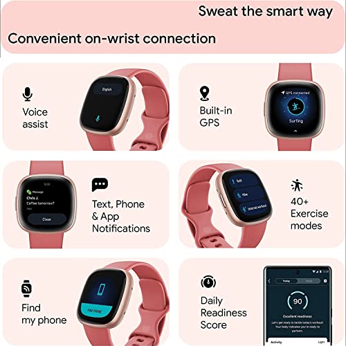 Fitbit Versa 4 Health and Fitness Smart Watch (Pink/Rose) with Built-in GPS, 6 Day Battery Life, S & L Bands, Bundle with 3.3foot Charge Cable, Wall Adapter, Screen Protectors & PremGear Cloth