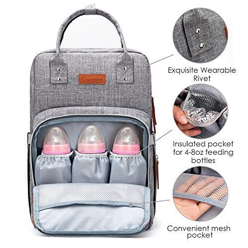 Diaper Bag Backpack Upsimples Multi-Function Maternity Nappy Bags for Mom&Dad, Baby Bag with Laptop Pocket,USB Charging Port,Stroller Straps,Light Grey