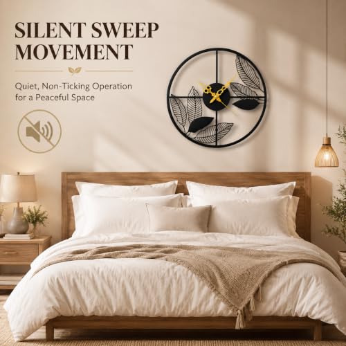 Image of 40 cm Leaf Metal Wall Clock, Black | Silent Non-Ticking, Skeleton Design, Modern Iron Analog, For Living Room, Bedroom, Hall, Office & Home Decor