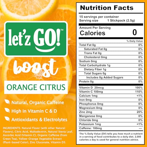 Image of Let'z Go Clean Energy Drink Mix - Natural Caffeine Packets, Vitamins C + D, Electrolytes, Sugar-Free, Zero Calories | Anytime Energy | 15 Count (Orange Citrus)