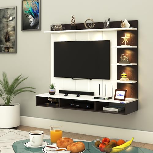 Image of Anikaa Tyron Engineered Wood Wall-Mount TV Unit with PVC Back Panel & LED Lights | TV Cabinet with Storage Box & Decorative Shelves (Wenge /White) | Ideal for TVs up to 55 Inch | DIY Installation