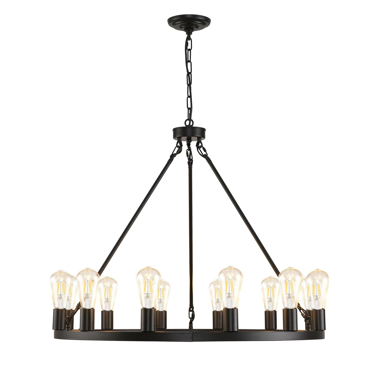 PLQWUJD Modern Chandelier D80cm 12 Lights Black Wagon Wheel Chandelier Industrial Farmhouse Kitchen Island Pendant Light, Height Adjustable Dining Room Fixtures for Foyer Entryway Living