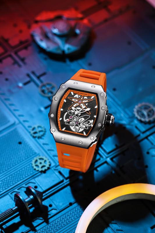 Image of Giordano Analog Skeleton Dial Watch for Men - Tonneau Case, Silicone Strap, Open-Gear Sport Design, Quartz Movement