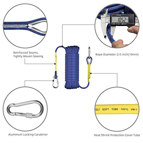 VOXLOVA Rock Climbing Rope, Outdoor Static Climbing Rope, 10mm High Strength Safety Rope, Hiking Tree Climbing Fire Escape Rappelling Rope, Fire Rescue Rope 20M(65ft)