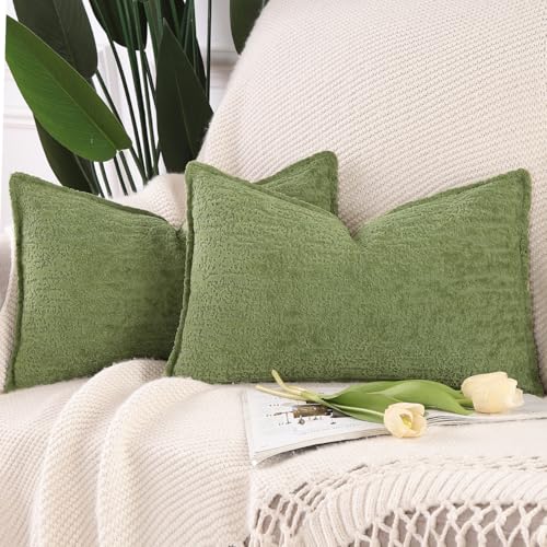 Madizz Lot de 2 Doux Housses de Coussin en Chenille Velours avec Bordure Décorative pour Canapé Chambre à Coucher Salon Vert Clair 40x60 cm