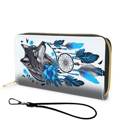 Wallet,Large Capacity RFID Blocking Leather Wallet, Durable Smooth Zipper Clutch,Unisex Travel Wallet for Cards,Cash,and Coins,Dream Catcher Wolf